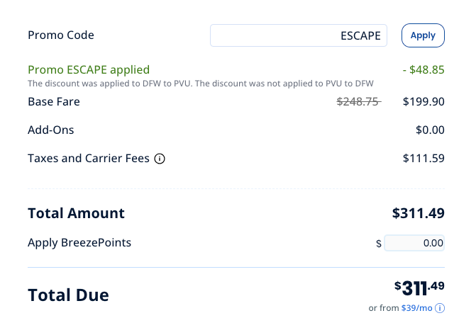 Screenshot of Breeze promo fare